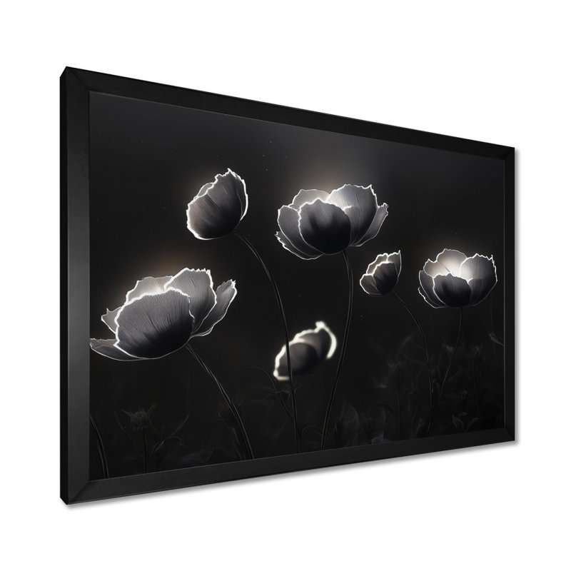 Fleurs blanches et noires, lune éclipsée - Tableau abstrait encadré, H 16 po x l 32 po, Black Picture Framed