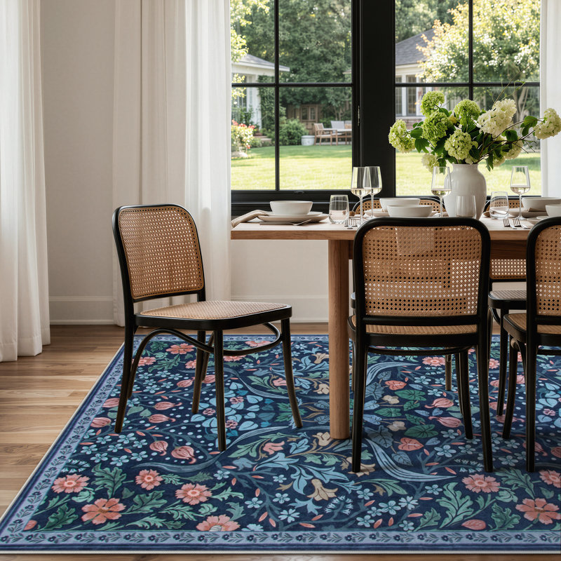 Tapis lavable à motif floral Kaldi, Rectangle 5 pi x 7 pi, Bleu
