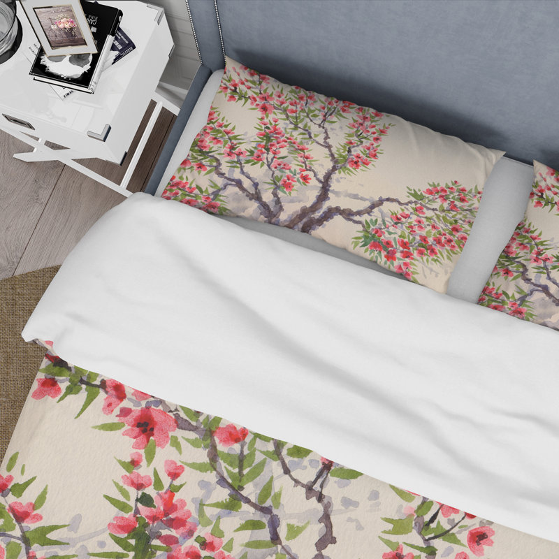 Fleurs rouges sur l'arbre Blossoming Tree I - Ensemble de housse de couette traditionnel - Polyester en microfibre