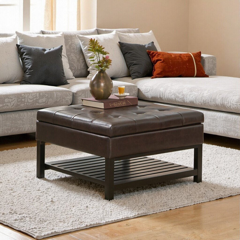 Table basse élégante avec repose-pieds avec rangement - Banc de rangement capitonné élégant avec compartiment caché et tablette inférieure pour le salon