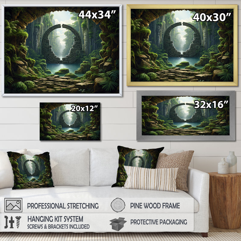 «Green Jungle Tribal» - art mural surréalisme, Cadre d'angle fermé doré, H 12 po x l 20 po x P 1 po