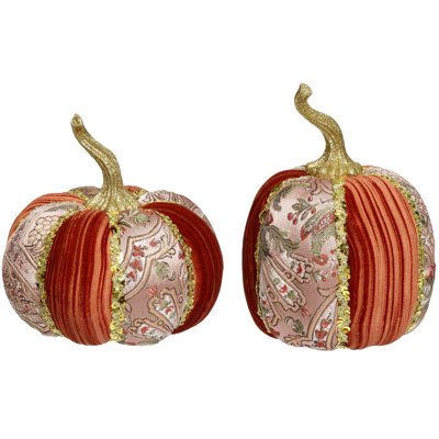 Floral Orange Pumpkin, Set Of 2 - 8 X 5 Inches