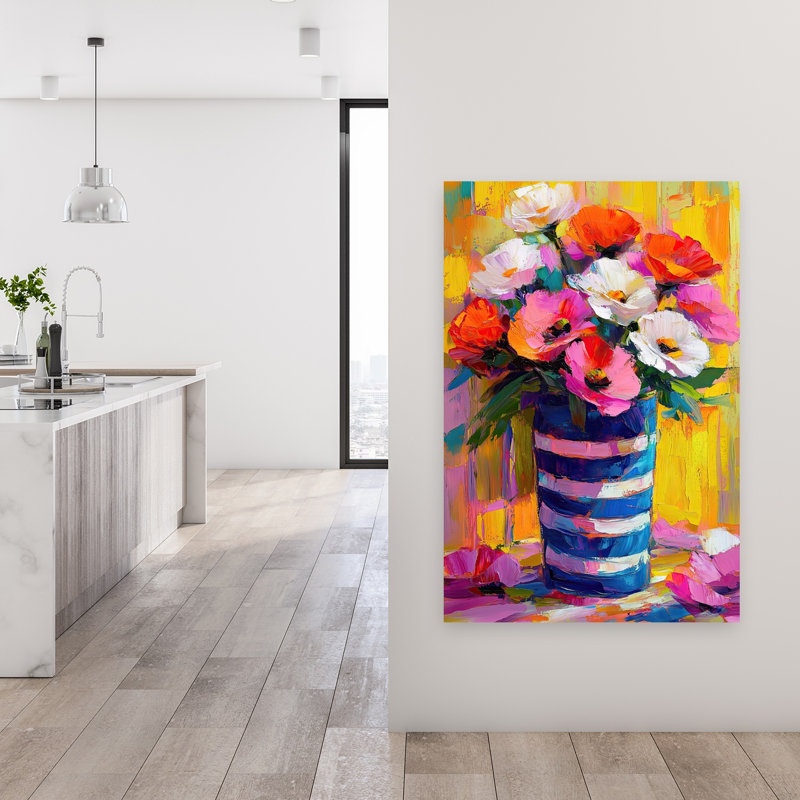 Vase rayé bleu coquelicots sur fond jaune, 48" H x 32" W