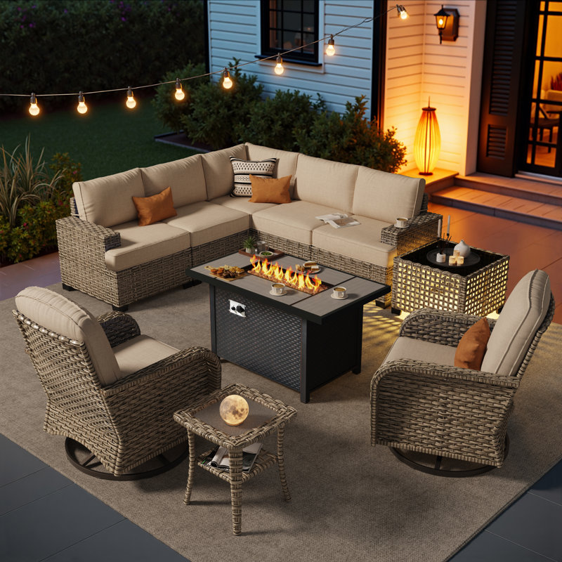 7- Person Outdoor Wicker Patio Conversation Furniture Set With Fire Pit Table, Beige