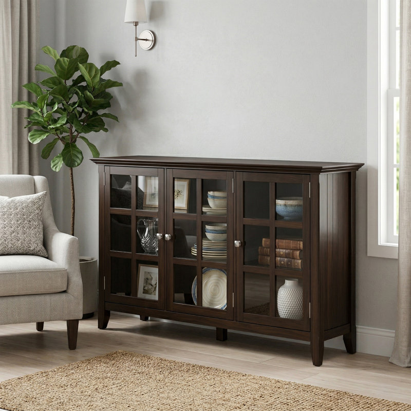 Acadian 62"W Solid Wood Transitional Storage Cabinet with Glass Doors and Adjustable Shelves, Rustic Natural Aged Brown