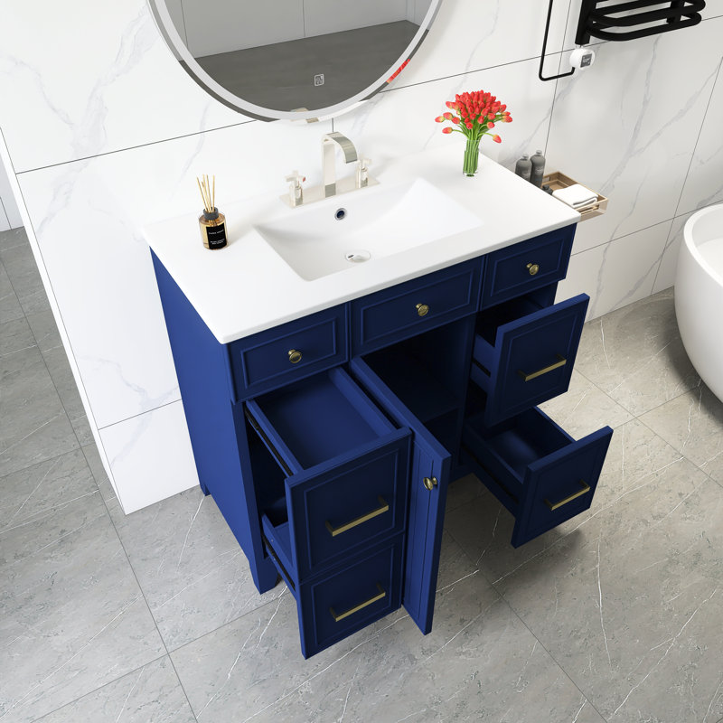 Meuble-lavabo autoportant en bois massif avec lavabo en céramique, Bleu, Argent argent