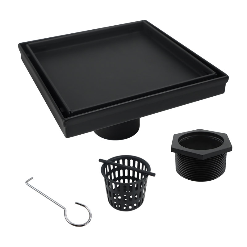 6 In. X 6 In. Stainless Steel Square Shower Drain With Tile-In Pattern Surface, Matte Black
