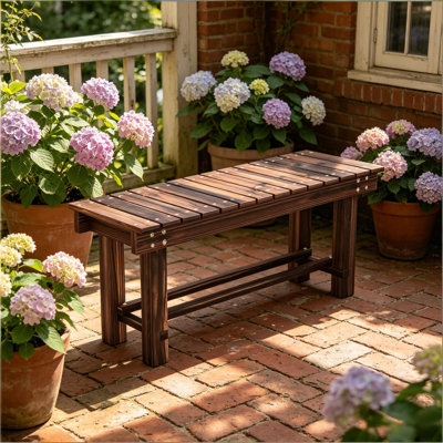 Banc de jardin 35,4 po 2 places en bois de sapin carbonisé avec tablette de rangement