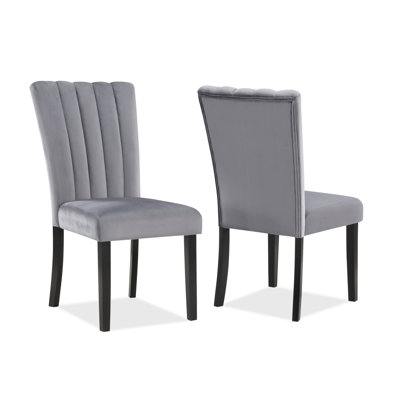 2Pc Casual Upholstered Velvet Upholstery Chair Channel Tufted Back Wooden Dining Room Furniture Gray Black