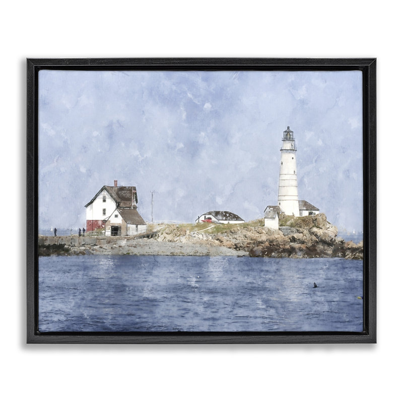 Cadre flottant pittoresque avec îlot de phare, design par Kim Curationa, Cadre flottant noir de jais, H 17 po x l 21 po