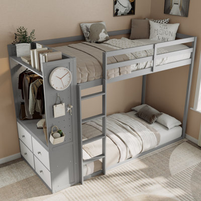 Lit superposé simple avec 4 tiroirs de rangement, rail suspendu, bande lumineuse et tablettes intégrées et 2 panneaux perforés, gris, 3 couleurs disponibles