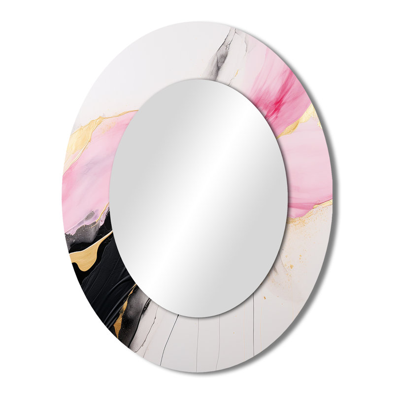 Abstract Gold Wave Pink And Black II - Gold Modern Oval Wall Mirror, 43" x 33"