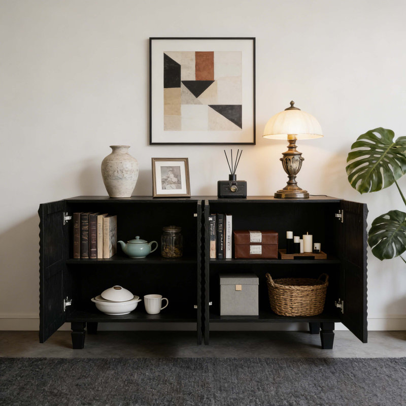 Buffet 59 po noir moderne avec 4 portes Sunburst, armoire de rangement avec pieds en bois massif, grande armoire de rangement pour la cuisine, la salle à manger, le salon et le vestibule