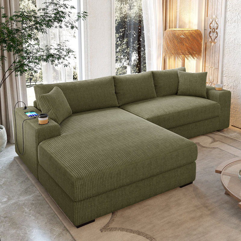 Landry Corduroy Sectional Sofa With Cup Holders & Charging Ports, Green