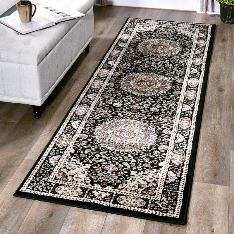 Tapis noir/crème à tisser électrique Devansh, Tapis de couloir 2 pi 8 po x 8 pi 1 po