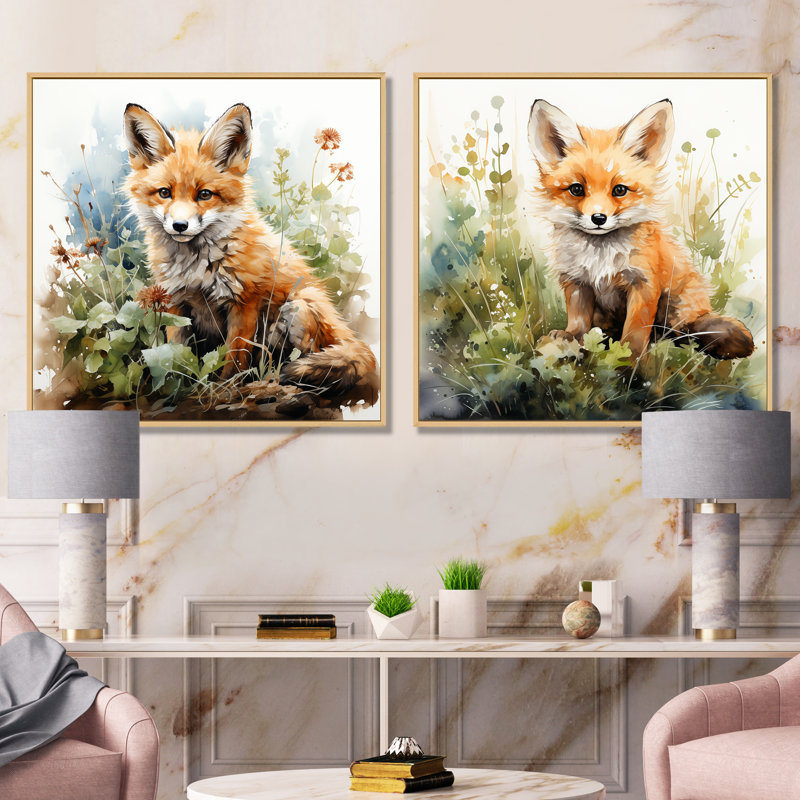 «Minimalisme Fox Portrait Blooms I», ensemble de 2 reproductions d'art sur toile, Cadre flottant brun