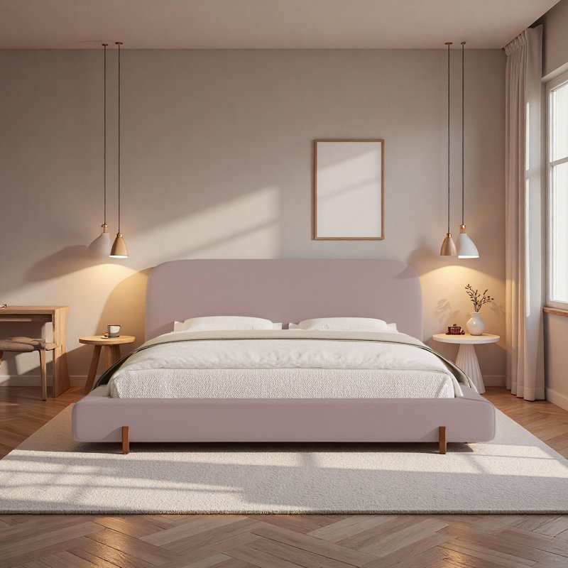 Unique Design,Solid Wood Legs Upholstered Bed Frame,King, Pink