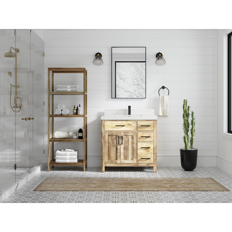 Meuble-lavabo simple 36 po avec plateau en quartz Malibu Mango, Blanc