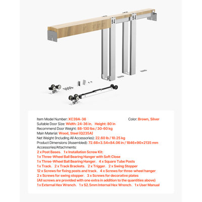 Ensemble de cadre pour porte coulissante à galandage, conçu pour les portes de 61 à 91 cm de large et 203 cm de hauteur, avec mécanisme de fermeture amortie bidirectionnel, coulissement fluide et silencieux, installation facile, acier galvanisé de qualité supérieure