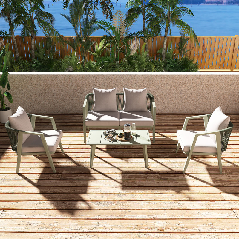 Ensemble de conversation extérieure avec table et coussins, Beige, Vert