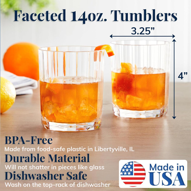 Verres à boire en plastique transparent à facettes réutilisables (ensemble de 6) verres à whisky 14 oz | Gobelets sans BPA, fabriqués | Lavable au lave-vaisselle