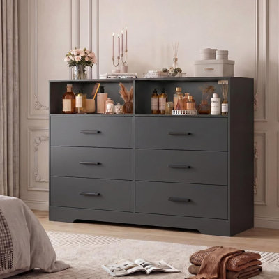 47" Wooden 6-Drawer Dresser with Charging Station & Open Shelf, White Chest of Drawers with Deep Storage, TV Stand for Bedroom Living Room Dorm