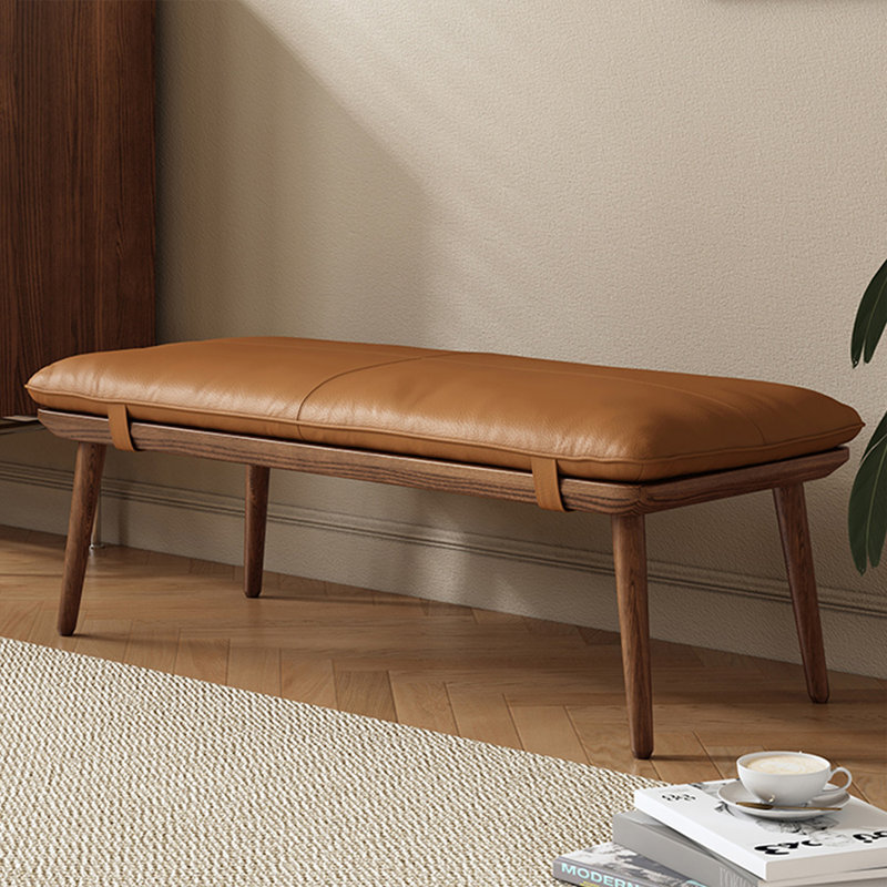 Banc rembourré en cuir massif brun, H 17,72 po x l 39,37 po x P 14,96 po