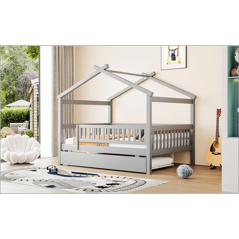 Lit double en bois avec lit gigogne simple, conception peu encombrante pour plus de sommeil et de rangement, Gris
