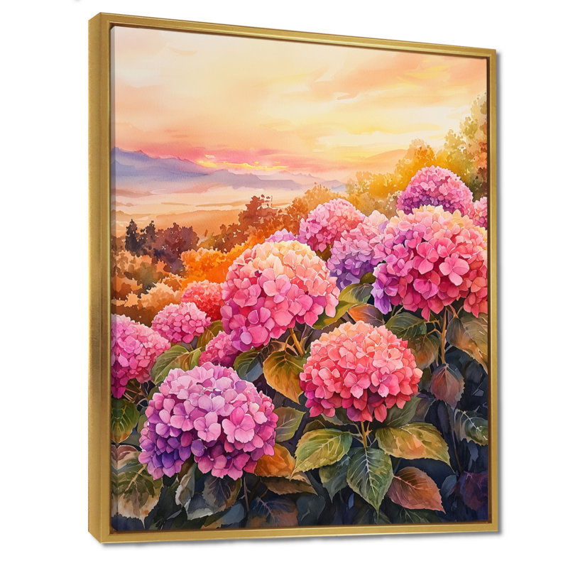 Wagner, champ d'hortensias au coucher du soleil II - hydrangées, art mural, Reproduction avec cadre flottant, Doré