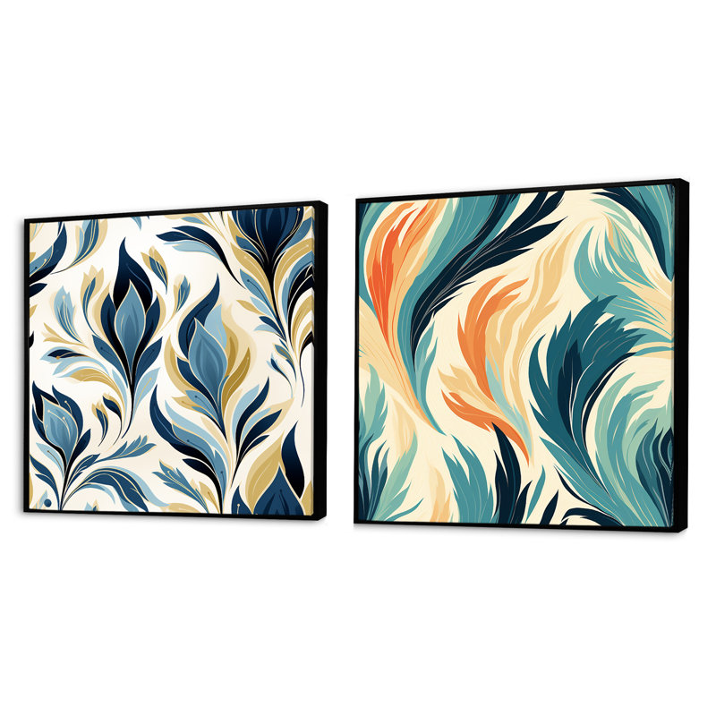Ikat nordique bleu et vert Simplicity - Abstract Botanicals Square, Cadre flottant noir, H 36 po x l 73 po