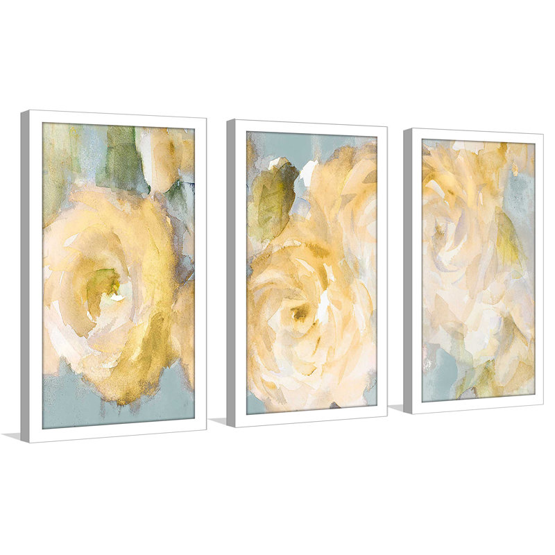 «Yellow Blooms On Blue», reproduction sur acrylique 3 pièces, H 25,5 po x l 40,5 po x P 1 po