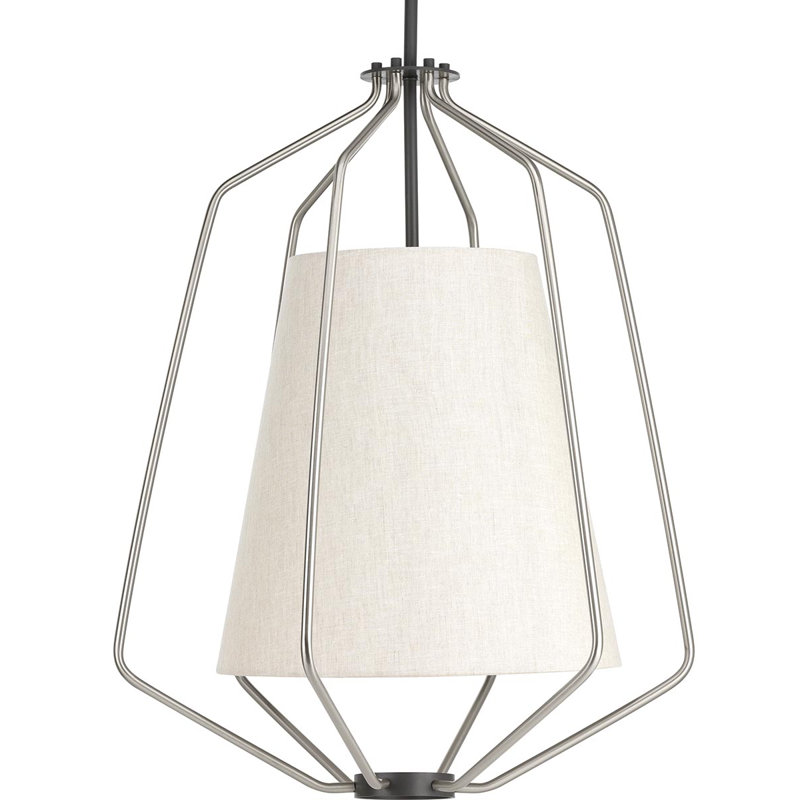 Grand luminaire suspendu en nickel brossé 1 lumière avec abat-jour en lin, Nickel brossé
