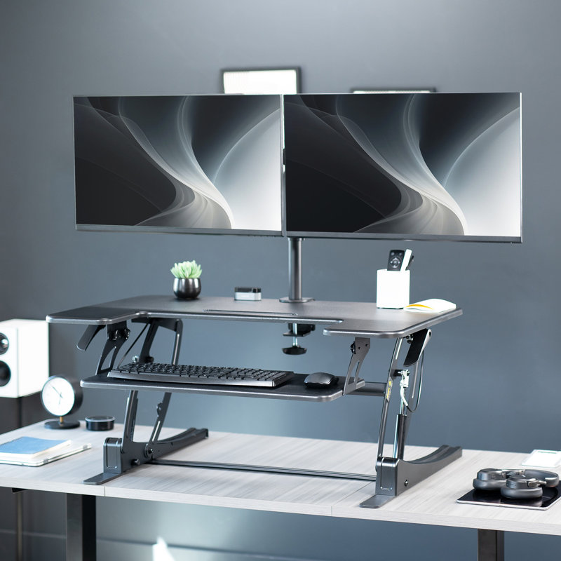 Black Adjustable Standing Desk Converter with Dual Monitor Mount