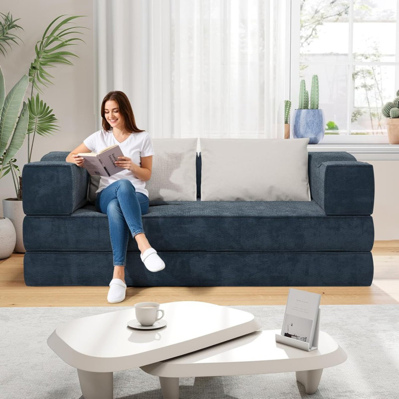 Canapé-lit de 80 po avec 2 coussins, canapé pliant à 3 places, chenille en mousse, bricolage modulaire - bleu, Bleu