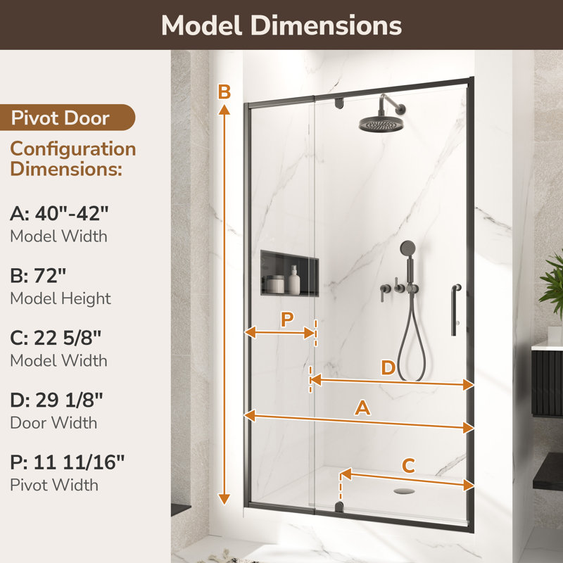 40-42"W x 72"H Pivot Semi-Frameless glass Shower Door with 1/4" Tempered Clear Glass, Reversible Installation