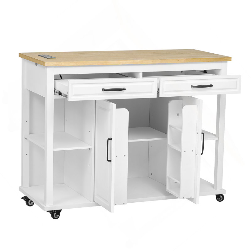 47 Inch Kitchen Island With Extendable Dining Table, Rubber Wood Veneer Kitchen Table With Internal Storage Rack, Power Outlet, Kitchen Island With Storage 2 Drawers 2 Cabinet,White