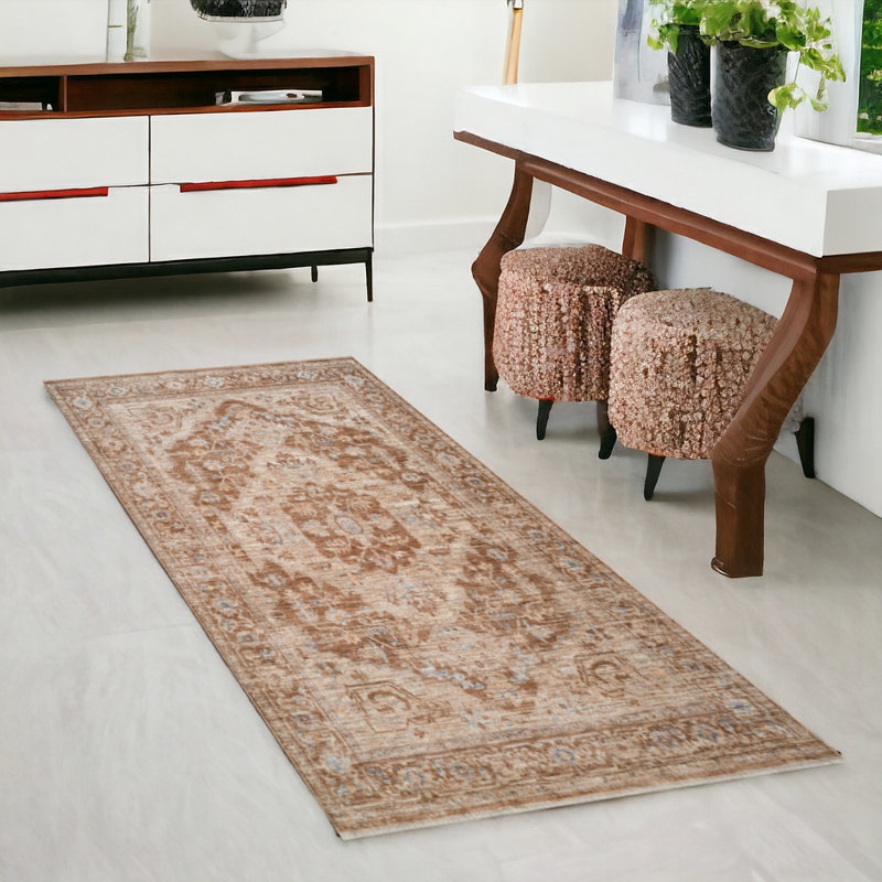 3' X 6' Brown Floral Medallion Runner Rug With Fringe