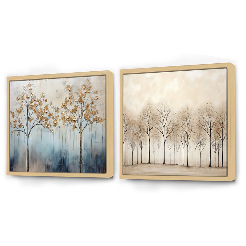 Minimalisme, arbres dorés et bleus scène VI - ensemble de 2 arbres carrés, Cadre flottant brun, H 36 po x l 73 po
