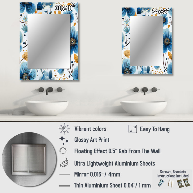 Celia Watercolor Whimsy Blue Floral Melody - Floral Decorative Mirror, Floral Wall Mirror, Printed Metal Art, 32" x 24"