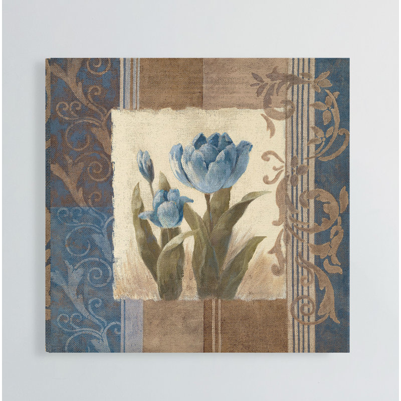 « blue tulip scroll », peinture sur toile tendue, H 16 po x l 16 po x P 1,5 po