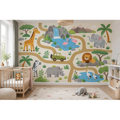 Papier peint mural représentant des animaux de safari de dessin animé et un paysage tropical