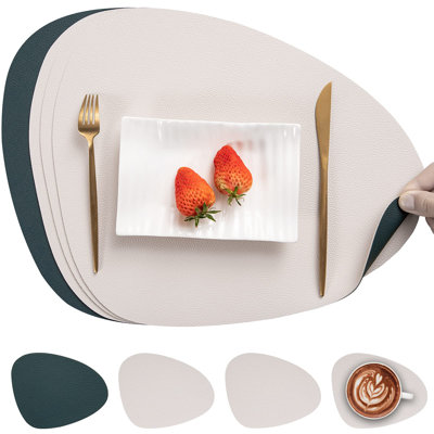 Napperons, napperons double face imperméables, ensemble de 4 napperons et sous-verres lavables antidérapants pour table de salle à manger (vert beige, ensemble de 4)