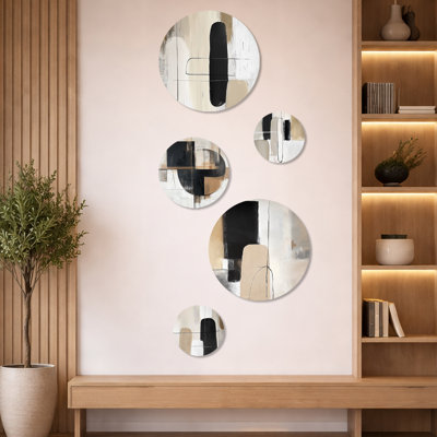 Minimal And Geometric Compositions In Nature Tones - Abstract Midcentury Decorative Metal Wall Decor Set of 5