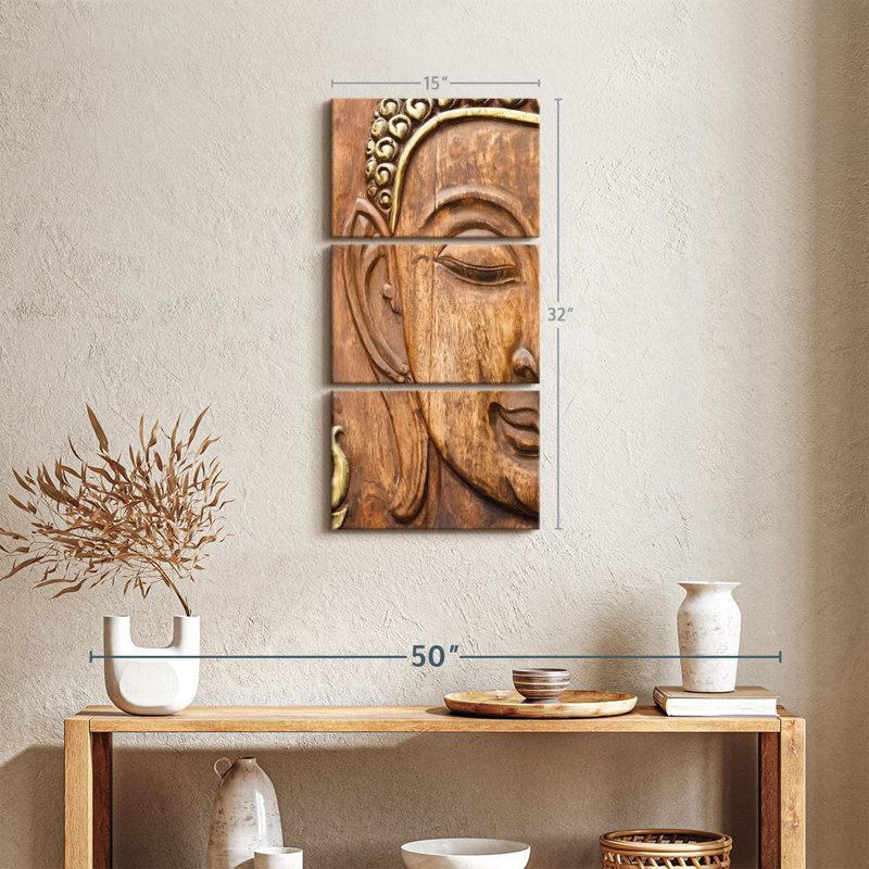 Bouddha en bois sculpté 3 pièces, H 32 po x l 15 po x P 1,25 po
