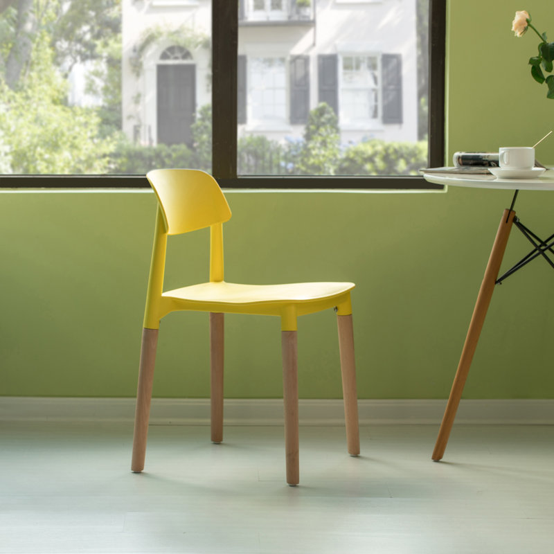 Chaise de salle à manger moderne en plastique à dossier ouvert avec pieds en bois de hêtre, jaune, ensemble de 2, Jaune