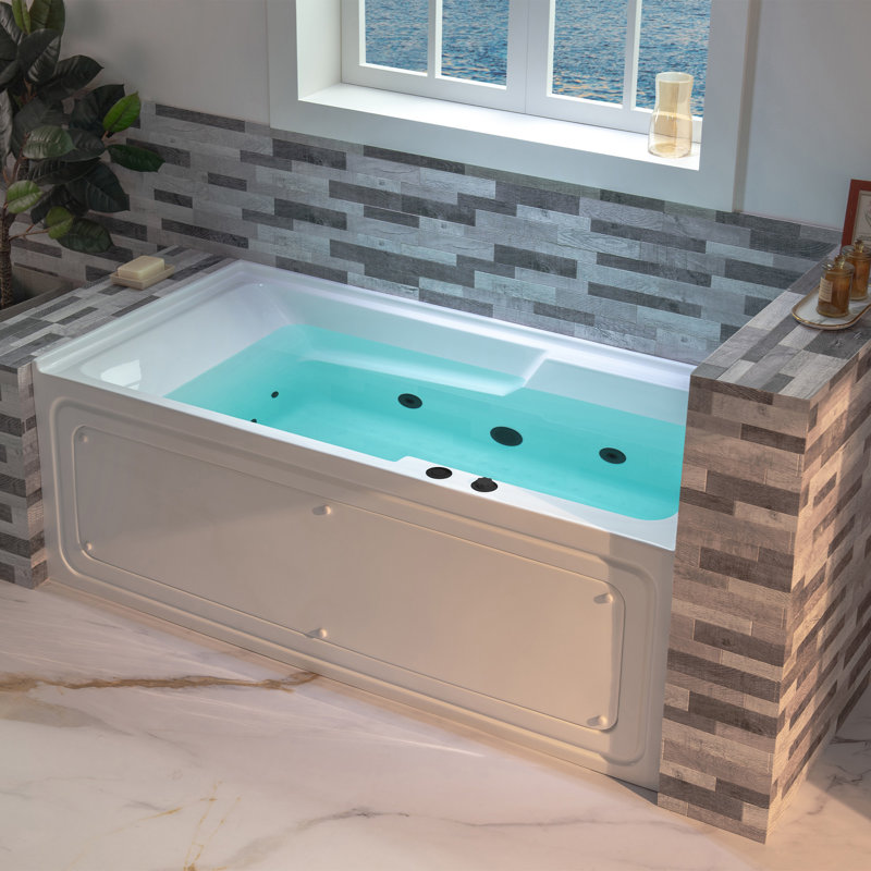 60" x 30" Whirlpool Heated Rectangular Alcove Acrylic Bathtub with Chrome/Matte Black Drain and Overflow, Right, Matte Black