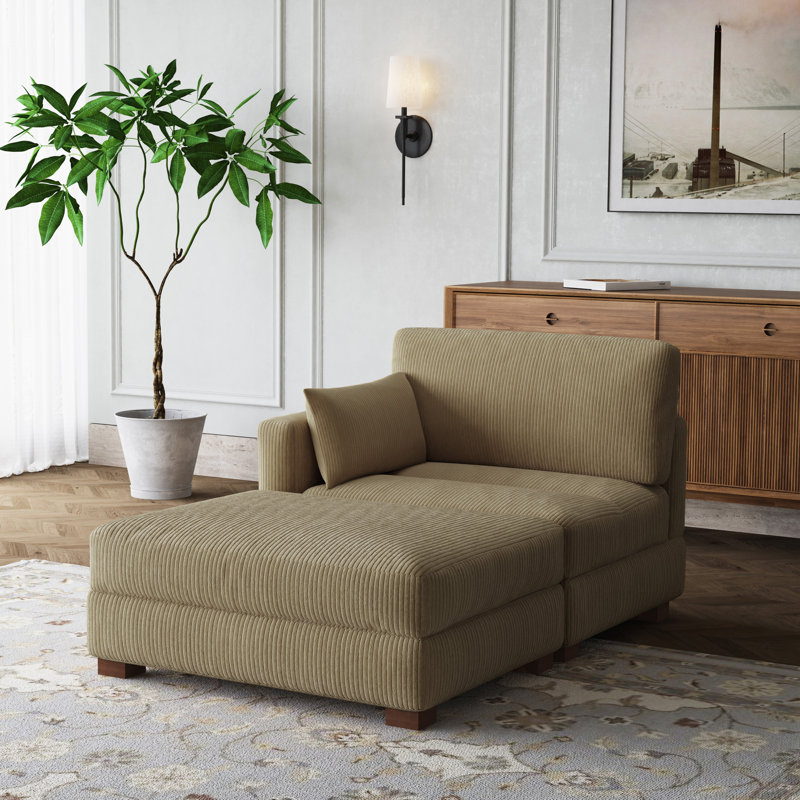 Bentura Oversized Upholstered Camel Corduroy Modular Chaise Lounge with Armrests & Throw Pillows, Left Hand Facing, Camel