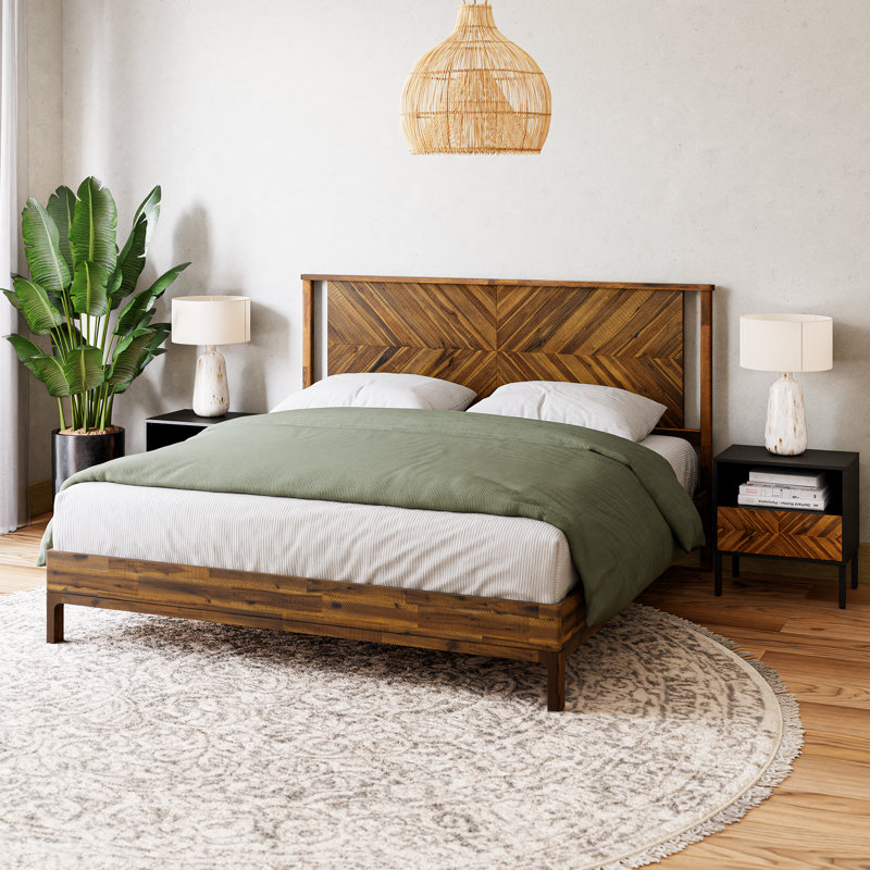 Vivian DELUXE Platform Bed Frame with Headboard – Acacia Wood, King, Rustic Chestnut