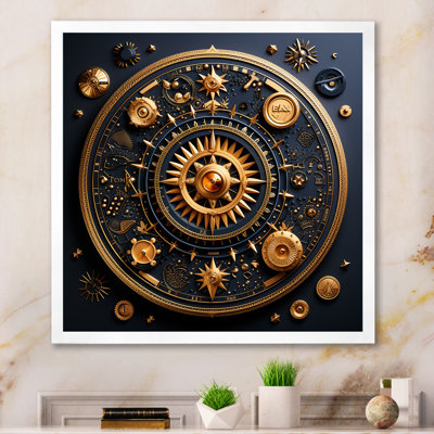 Ancient Compass Geometric In Gold And Blue - Abstract Geometric Wall Art