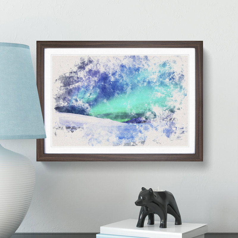 Aurora Borealis in Iceland Watercolour - Picture Frame Graphic Art Print, Walnut Framed, 40cm H x 60cm W x 2cm D